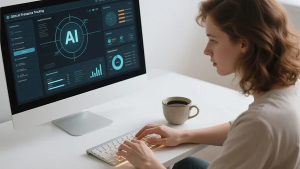 Mains tapant sur un clavier d'ordinateur, écran affichant une interface de suivi de présence dans des réponses d'IA, tasse de café à côté, lumière de bureau chaleureuse