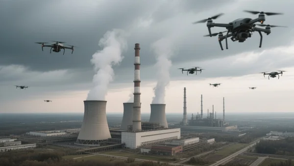 Drones survolant la centrale nucléaire de Zaporijjia en Ukraine, panaches de fumée s'élevant des réacteurs, paysage industriel sous ciel gris et menaçant