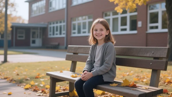 Portrait d'une fillette de 9 ans aux cheveux bruns, souriant timidement, assise sur un banc dans une cour d'école, lumière douce d'automne
