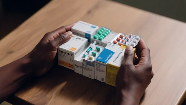 Gros plan sur des mains tenant plusieurs boîtes de médicaments variés (antibiotiques, vaccins, insuline) disposées sur une table en bois, éclairage neutre, composition ordonnée