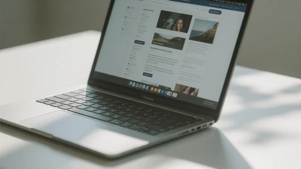 Gros plan sur l'écran 120 Hz de l'ultraportable affichant une page web défilée, image nette et sans flou, reflet doux sur la dalle, lumière naturelle