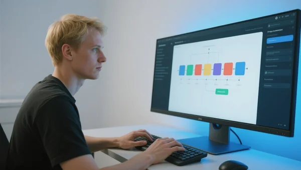 Jeune développeur no-code construisant un site web sur un écran d'ordinateur, doigts sur le clavier, interface de glisser-déposer visible, pièce moderne éclairée par la lumière bleue de l'écran