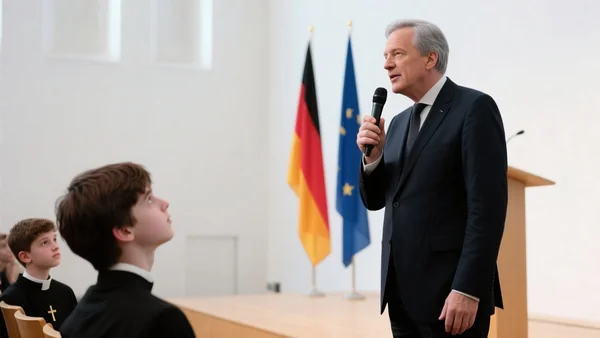 Friedrich Merz, chancelier allemand, s'adressant à une salle de jeunes catholiques à Würzburg, micro en main, costume sombre, fond de scène sobre avec drapeaux allemand et européen, plan américain