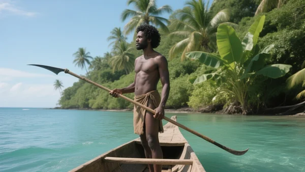 Homme salomonais debout dans une pirogue traditionnelle, harpon à la main, regardant l'horizon, île de Malaita, végétation tropicale en arrière-plan