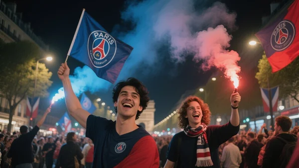 Foule de supporters en liesse sur les Champs-Élysées avec fumigènes et drapeaux du PSG, nuit parisienne éclairée par des lampadaires