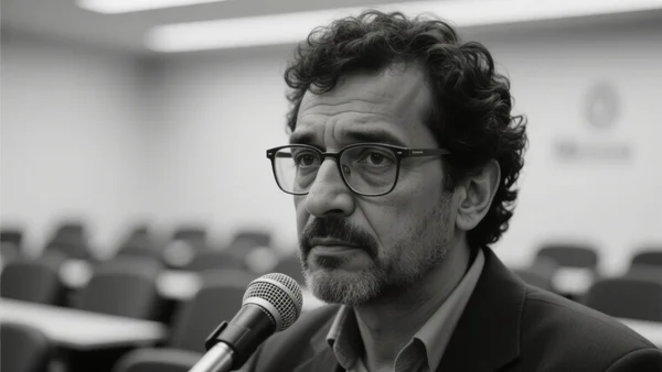 Portrait en noir et blanc d'un homme d'âge mûr, lunettes, regard sérieux, micro devant lui, fond flou d'une salle de conférence universitaire
