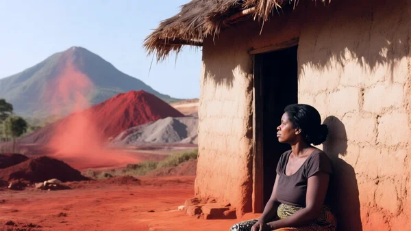 Femme malgache assise devant une case en terre battue dans la région de Fort-Dauphin, regardant au loin une montagne de déchets miniers, poussière rouge, lumière d'après-midi