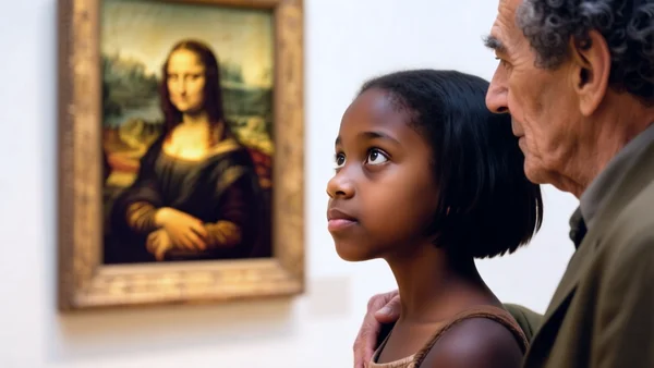 Gros plan d'une petite fille de dix ans regardant un tableau au Louvre, ses yeux écarquillés reflétant la lumière dorée du musée, un grand-père à côté posant doucement sa main sur son épaule
