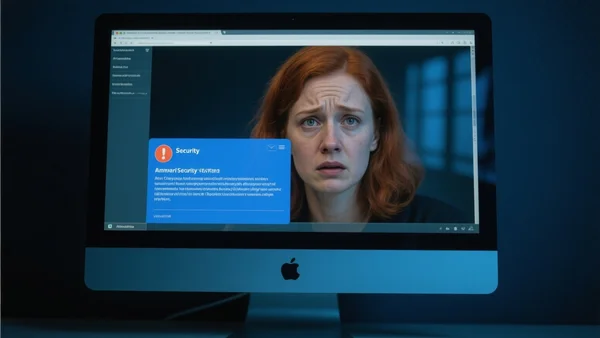Écran d'ordinateur affichant un email d'alerte de sécurité ouvert, fond d'écran sombre, reflet d'une personne inquiète dans l'écran, éclairage bleuté