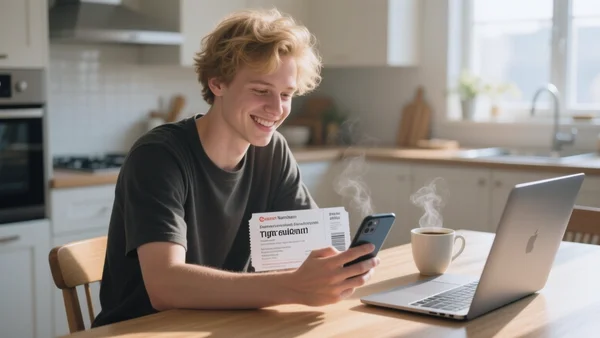 Jeune homme souriant regardant son téléphone, billet de concert numérique à l'écran, café et ordinateur portable sur une table de cuisine en matinée