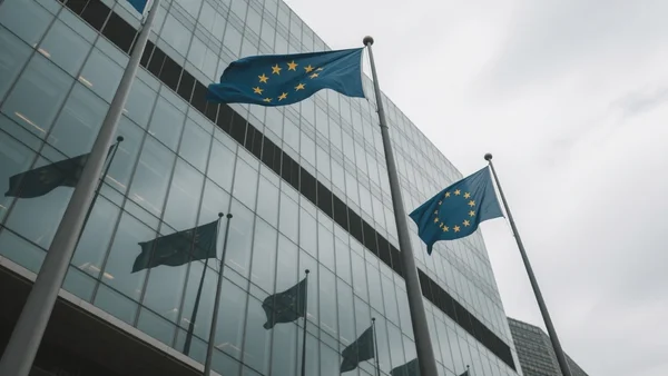 Façade en verre et acier du bâtiment Berlaymont à Bruxelles, siège de la Commission européenne, drapeaux européens flottant au vent, ciel gris et nuageux, angle légèrement plongeant