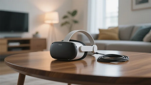 Casque de réalité virtuelle Meta Quest posé sur une table en bois, câbles enroulés, lumière tamisée d'un salon moderne