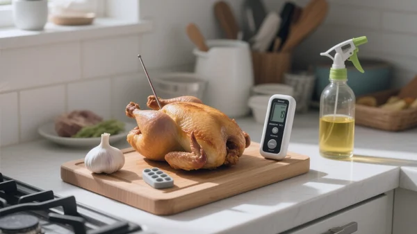 Plan serré d'un plan de travail de cuisine en désordre avec un thermomètre de cuisson digital planté dans un poulet rôti, un presse-ail en silicone, et un vaporisateur d'huile posés sur une planche à découper, lumière du jour naturelle