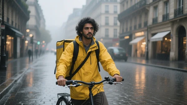 Livreur à vélo en blouson jaune remontant une rue parisienne sous la pluie, sac de livraison sur le dos, immeubles haussmanniens flous en arrière-plan