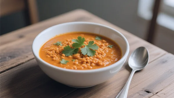 Bol de curry de lentilles corail orange vif, parsemé de coriandre fraîche, posé sur une table en bois, cuillère à côté, lumière du jour