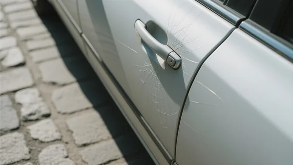 Gros plan sur une portière de voiture rayée contre un trottoir en pierre, lumière du jour