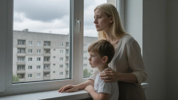 Famille lituanienne regardant par une fenêtre, ciel gris au-dessus d'un quartier résidentiel, expression inquiète, lumière tamisée
