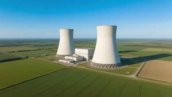 Vue aérienne d'une centrale nucléaire française avec ses tours de refroidissement et un réacteur, ciel bleu et campagne verdoyante autour