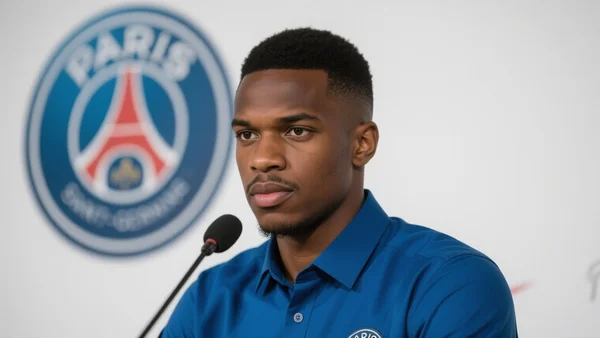 Ousmane Dembélé en conférence de presse devant un micro, regard déterminé, chemise bleue, logo PSG en arrière-plan flou