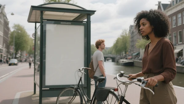 Vue d'une rue animée d'Amsterdam avec des abribus et des panneaux publicitaires vides, un ciel nuageux, des vélos garés, des canaux en arrière-plan