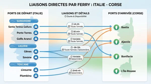 Carte des liaisons maritimes entre la Corse et l'Italie, incluant les nouveaux services de Cors'Express.