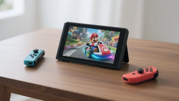 Nintendo Switch 2 posée sur une table en bois, manettes détachées de chaque côté, écran allumé affichant un jeu Mario Kart, lumière naturelle douce