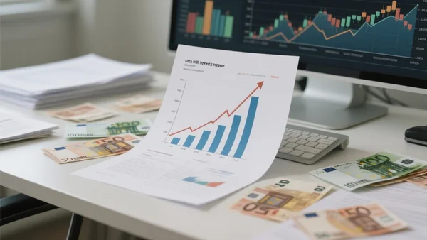 Tableau de bord financier avec des graphiques de dettes et des courbes de taux d'intérêt en hausse, sur fond de monnaies et de documents officiels