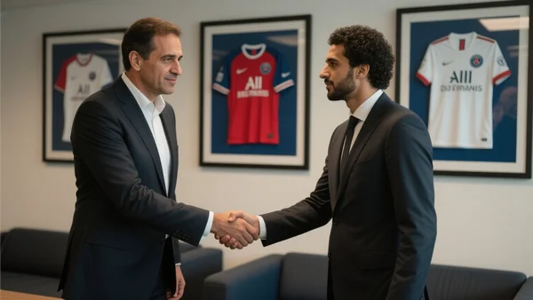 Nasser Al-Khelaïfi et Medhi Benatia se serrant la main dans un salon VIP du Parc des Princes, maillots du PSG en arrière-plan, ambiance feutrée et officielle