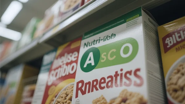 Gros plan sur un emballage de céréales pour petit-déjeuner avec le logo Nutri-Score bien visible en face avant, éclairé par une lumière naturelle de supermarché