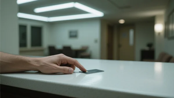 Plan serré d'une main masculine glissant une carte de crédit sur le comptoir en formica d'une réception d'hôtel modeste, néon blanc au plafond, ambiance anonyme et froide