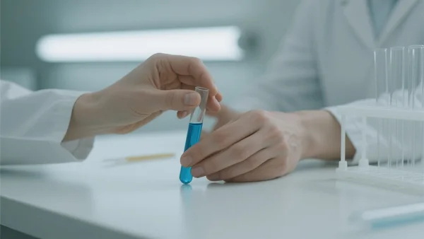 Mains de chercheur en laboratoire ajustant un petit tube à essai contenant un liquide bleu, paillasse blanche, éprouvettes et pipettes à proximité, éclairage fluorescent froid