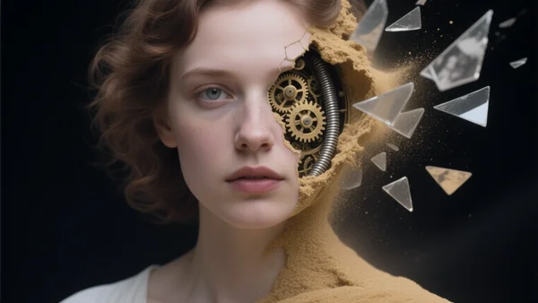 Un portrait surréaliste d'un visage humain dont une partie s'effrite comme du sable pour révéler un mécanisme d'horloge complexe et des fragments de souvenirs flous à l'intérieur, fond sombre et mystérieux