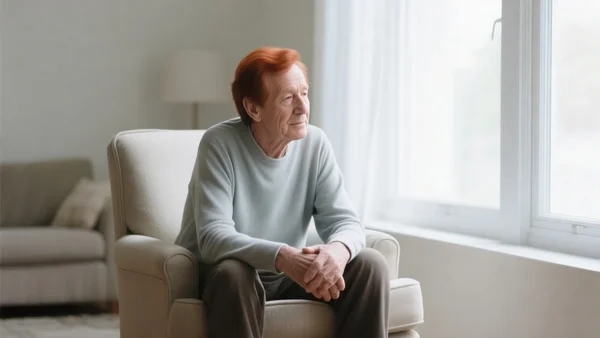 Senior assis dans un fauteuil près d'une fenêtre, mains posées sur les genoux, regard doux et pensif, lumière naturelle tamisée, atmosphère paisible de salon