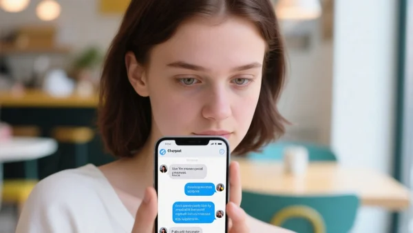 Une personne âgée de 20 ans regarde un écran de smartphone affichant une conversation avec un chatbot, dans un café lumineux, plan serré sur le visage et le téléphone