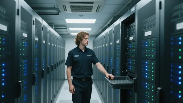 Intérieur d'un datacentre français, rangées de serveurs scintillants avec lumières LED bleues et vertes, climatisation visible au plafond, ambiance technique et froide