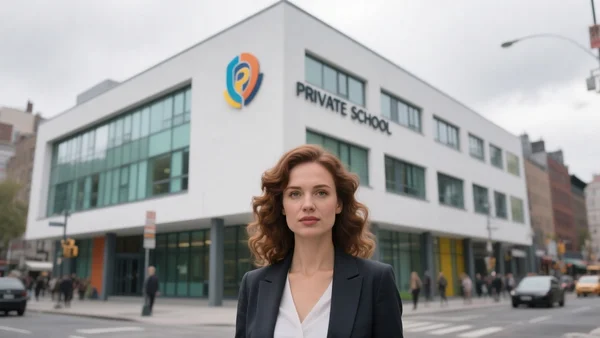 Façade d'une école privée moderne avec des vitres teintées et un logo clinquant, rue animée d'une grande ville, ciel gris, plan moyen