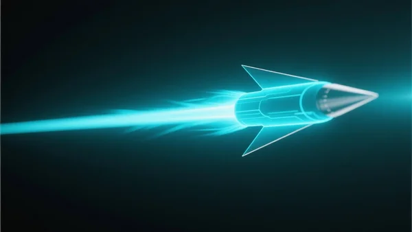 Traînée lumineuse d'un projectile en mouvement sur un fond sombre, netteté parfaite sans flou, représentant la fluidité extrême du 1000 Hz, style high-tech