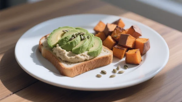 Gros plan d'une assiette de brunch vegan avec avocat toast, houmous, patate douce rôtie et graines, sur une table en bois, lumière naturelle