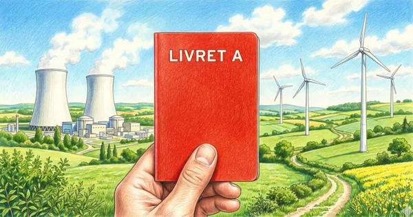 Illustration représentant le Livret A finançant la relance nucléaire, avec un décor partagé entre nucléaire et éolien.