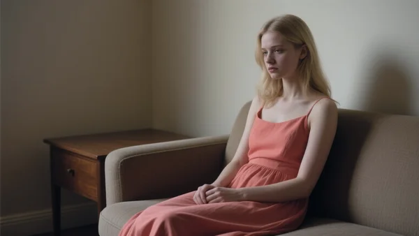 Jeune femme brune assise sur un canapé, regardant au loin, expression triste, salon aux murs beiges, lumière tamisée