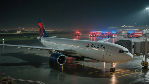 Plan large d'un Airbus A330 de Delta Air Lines roulant sur le tarmac de l'aéroport Paris Charles de Gaulle la nuit, camions de pompiers et véhicules d'urgence garés à distance, éclairage des balises et gyrophares rouges et bleus