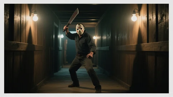 Jason Voorhees courant dans un couloir sombre d'un camp, machette levée, lampes vacillantes, point de vue à la première personne
