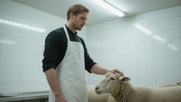 Main d'un homme posée sur la tête d'un mouton dans un abattoir agréé, lumière blanche et carrelage propre, ambiance calme et sérieuse