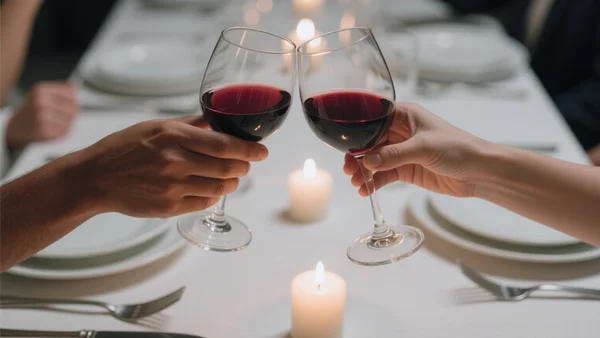 Plan serré sur deux mains tenant des verres de vin en trinquant au-dessus d'une table de dîner, ambiance conviviale et apaisée, lumière douce