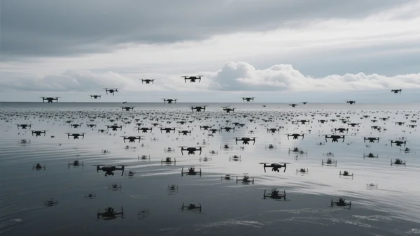 Essaim de petits drones volant au-dessus de la mer Baltique, silhouettes sombres contre un ciel nuageux, reflets sur l'eau
