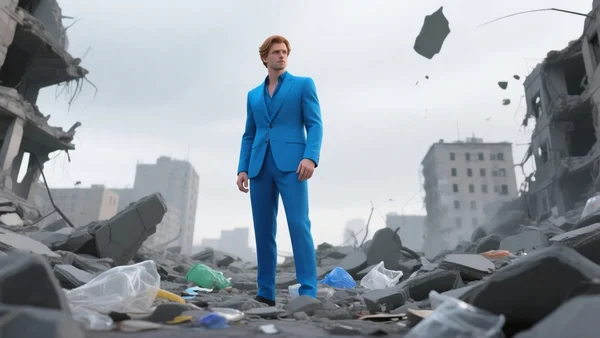 Personnage pixel art en combinaison bleue marchant dans un paysage urbain en ruines, débris plastiques éparpillés, ciel couvert, vue en 2.5D