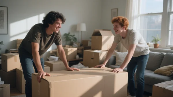 Deux jeunes amis souriant en poussant des cartons dans un salon en désordre, lumière de fin d'après-midi traversant la fenêtre