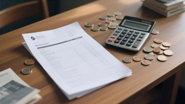 Facture d'électricité dépliée sur une table en bois, entourée d'une calculatrice et de pièces de monnaie, lumière naturelle du jour