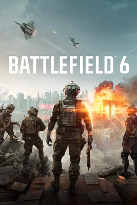 Affiche promotionnelle de Battlefield 6, avec des soldats et une ville en flammes.