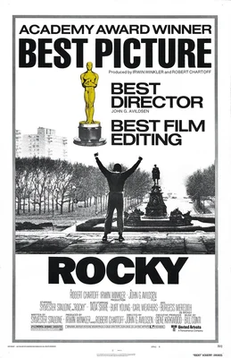 Affiche promotionnelle de Rocky, avec Sylvester Stallone célébrant sa victoire.